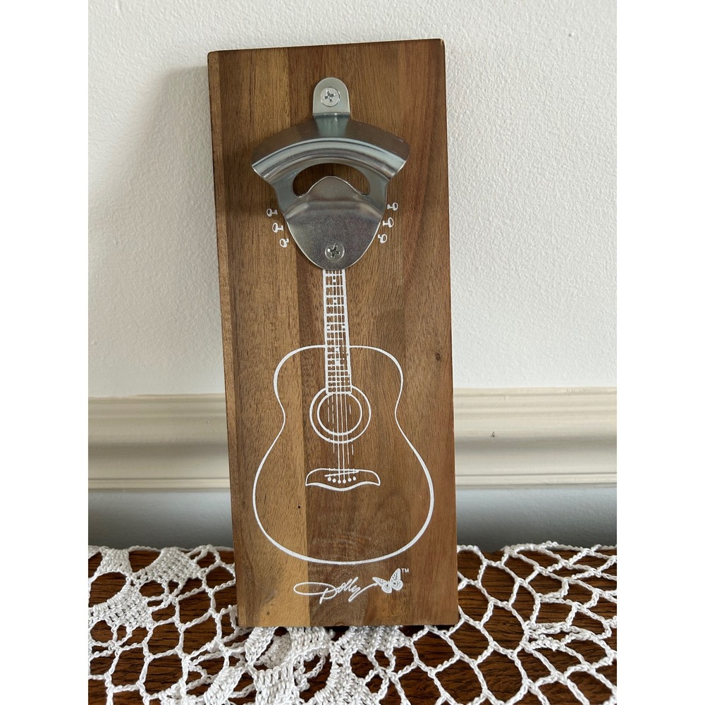NWT Dolly Parton Wood Wall Mounted Bottle Opener Acoustic Guitar Butterfly Logo